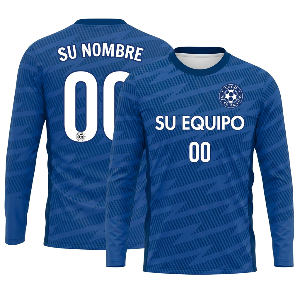 Azul Azul Oscuro Motivo de Rayas Diagonales Camiseta de Fútbol Personalizada de Manga Larga