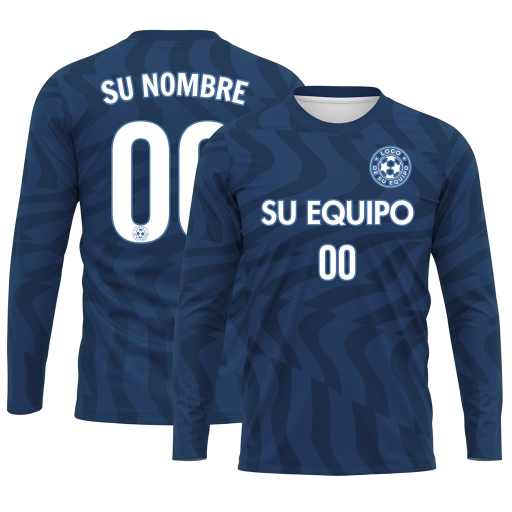 Azul Azul Oscuro Motivo Ondulado Camiseta de Fútbol Personalizada de Manga Larga