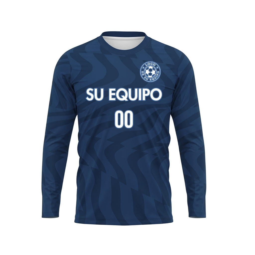 Azul Azul Oscuro Motivo Ondulado Camiseta de Fútbol Personalizada de Manga Larga
