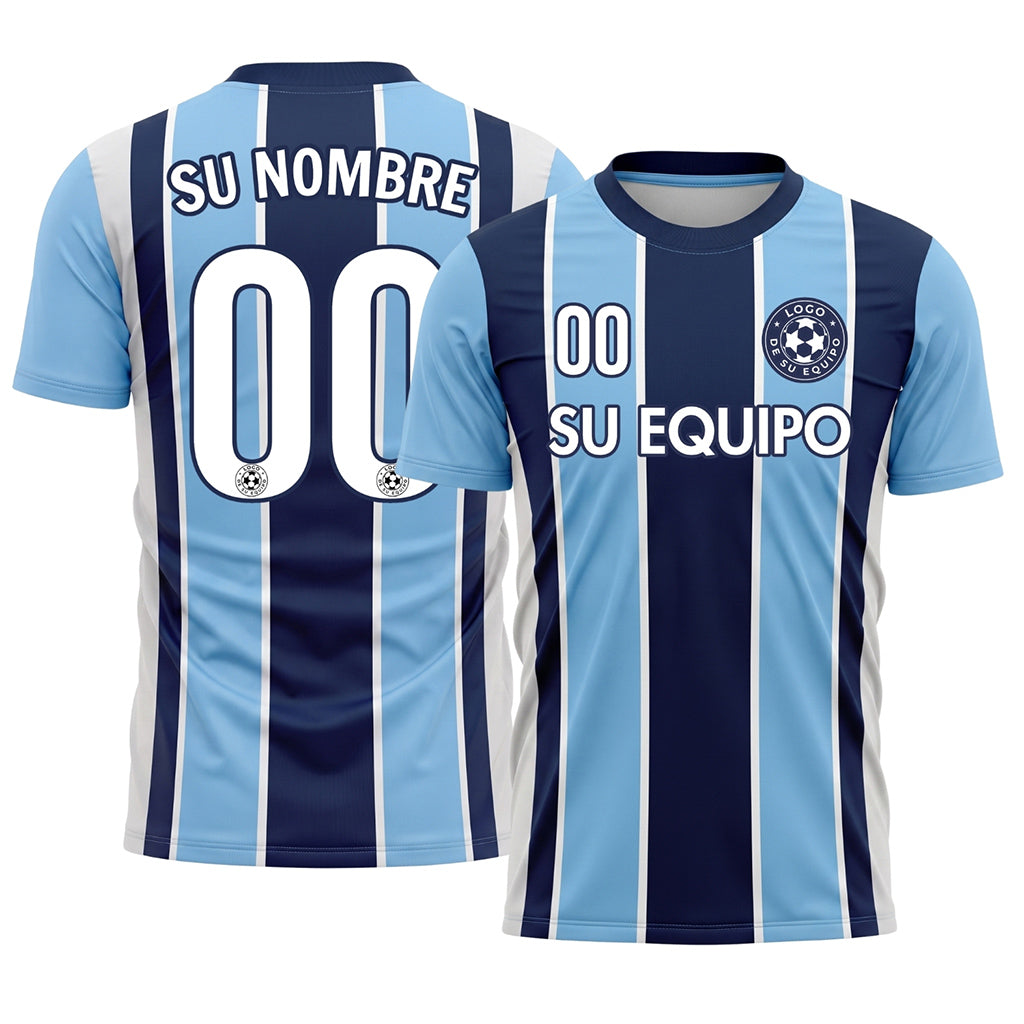 Azul Azul Claro Rayado Camiseta de Fútbol Personalizada
