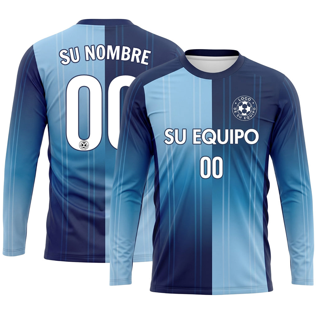 Azul Azul Claro Rayas Verticales Degradadas Camiseta de Fútbol Personalizada de Manga Larga