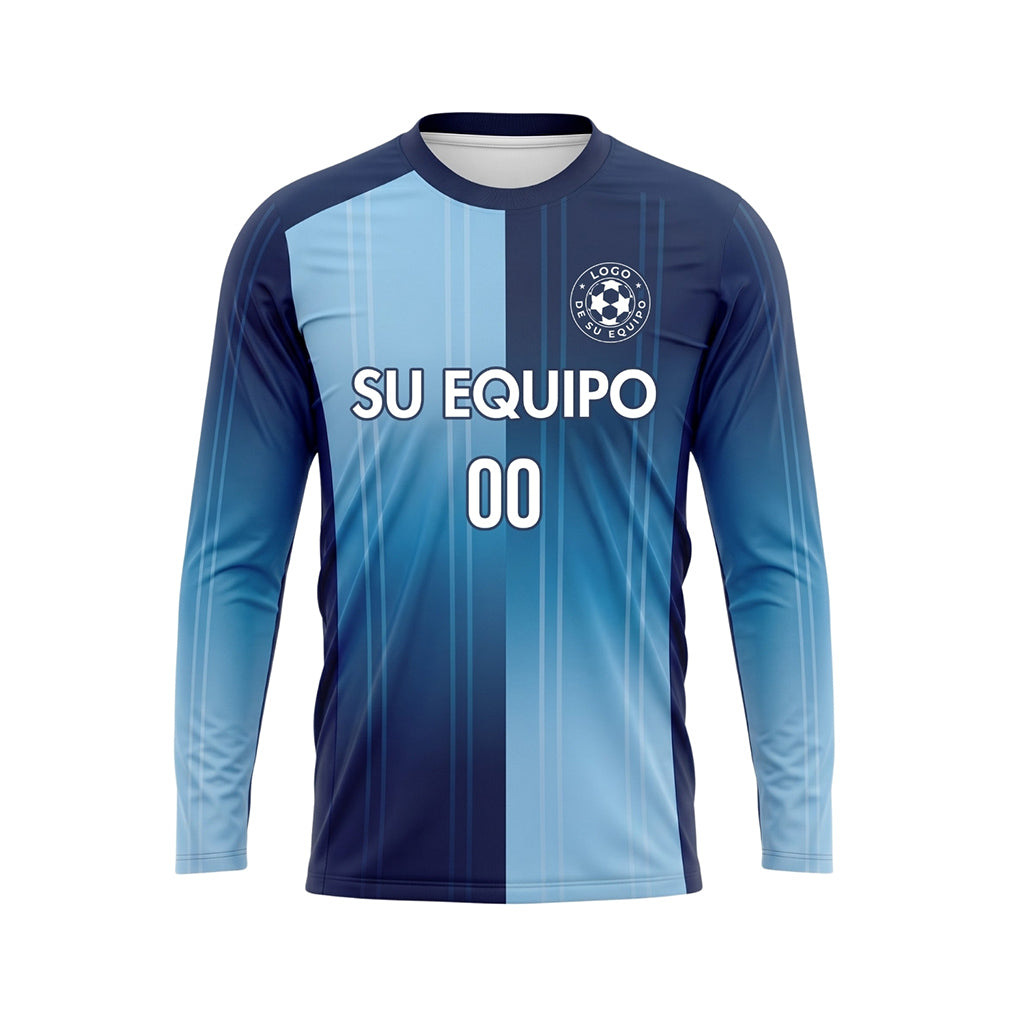 Azul Azul Claro Rayas Verticales Degradadas Camiseta de Fútbol Personalizada de Manga Larga