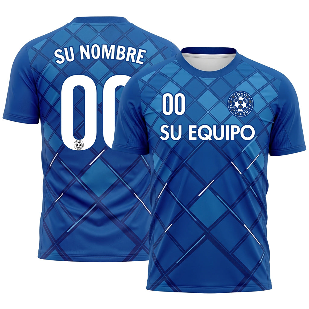 Azul Cuadros Motivo Camiseta de Fútbol Personalizada