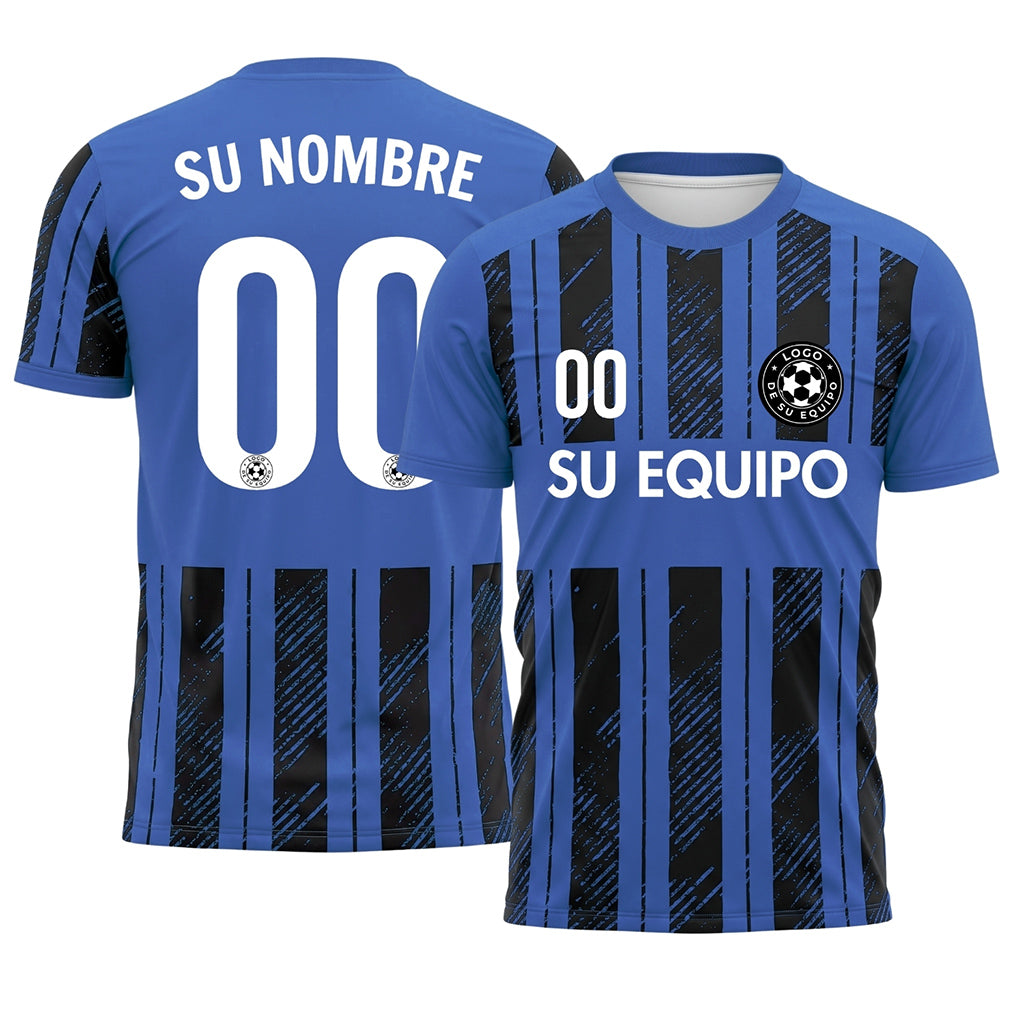 Azul Negro Discontinuas Diagonales Rayas Longitudinales Motivo Camiseta de Fútbol Personalizada