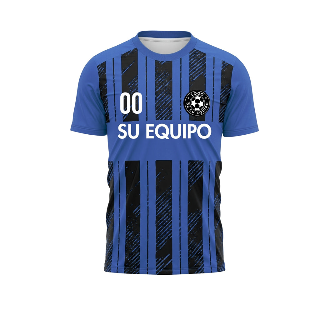 Azul Negro Discontinuas Diagonales Rayas Longitudinales Motivo Camiseta de Fútbol Personalizada