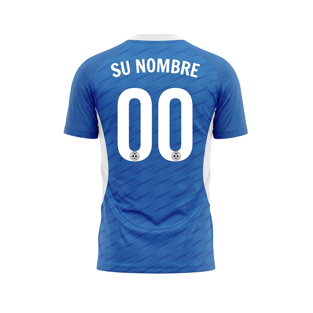 Azul Blanco Curvo Acento Lateral Camiseta de Fútbol Personalizada