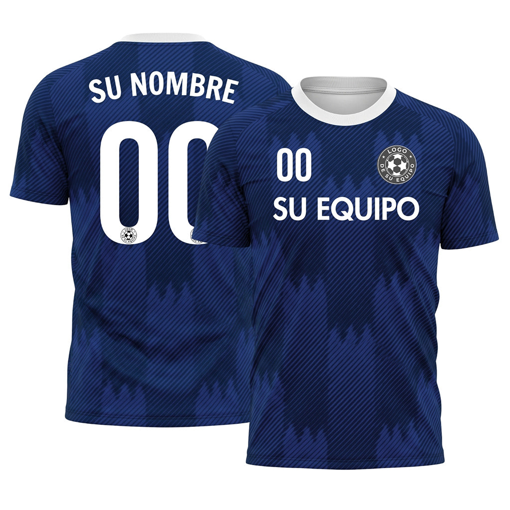 Azul Blanco Cuello Zigzag Motivo Camiseta de Fútbol Personalizada