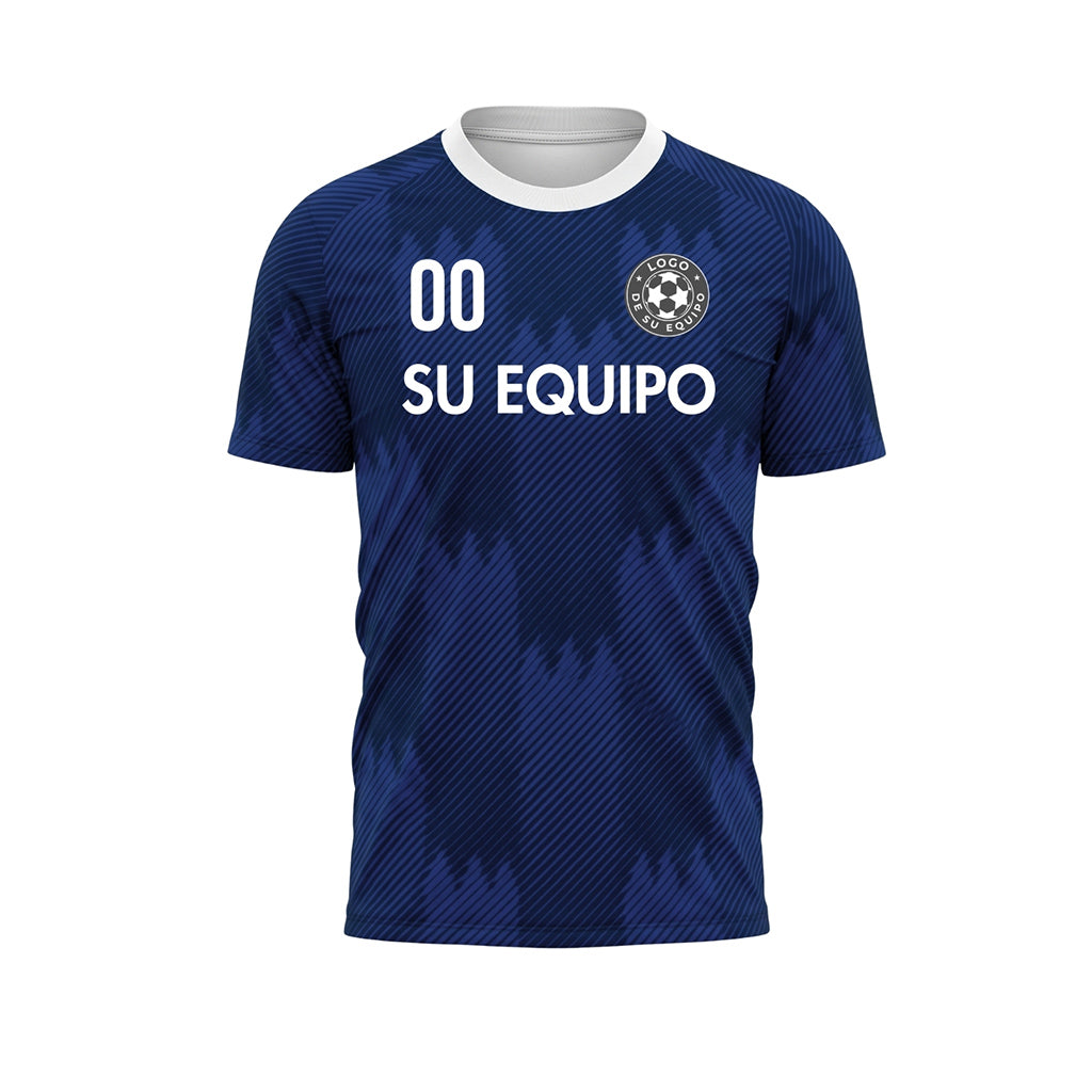 Azul Blanco Cuello Zigzag Motivo Camiseta de Fútbol Personalizada