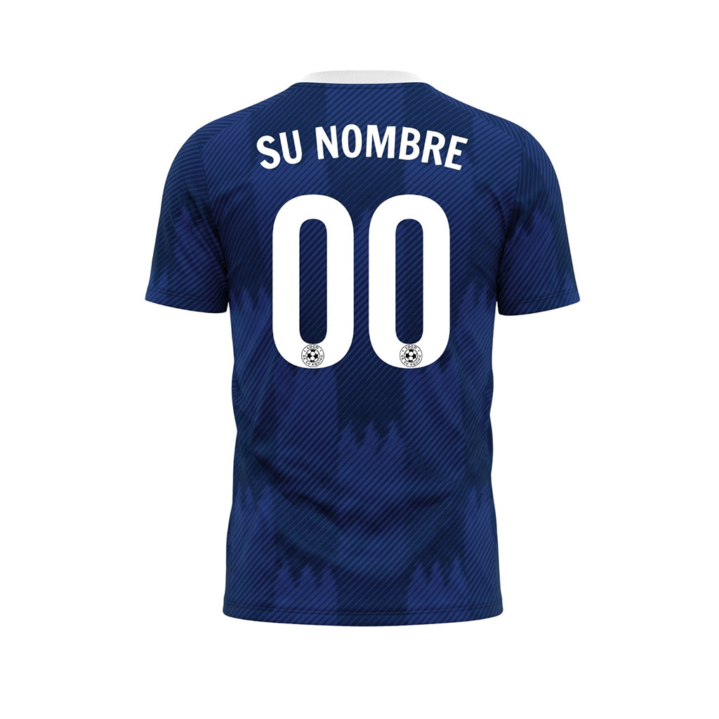 Azul Blanco Cuello Zigzag Motivo Camiseta de Fútbol Personalizada