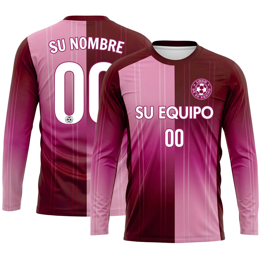 Burdeos Rosa Rayas Verticales Degradadas Camiseta de Fútbol Personalizada de Manga Larga