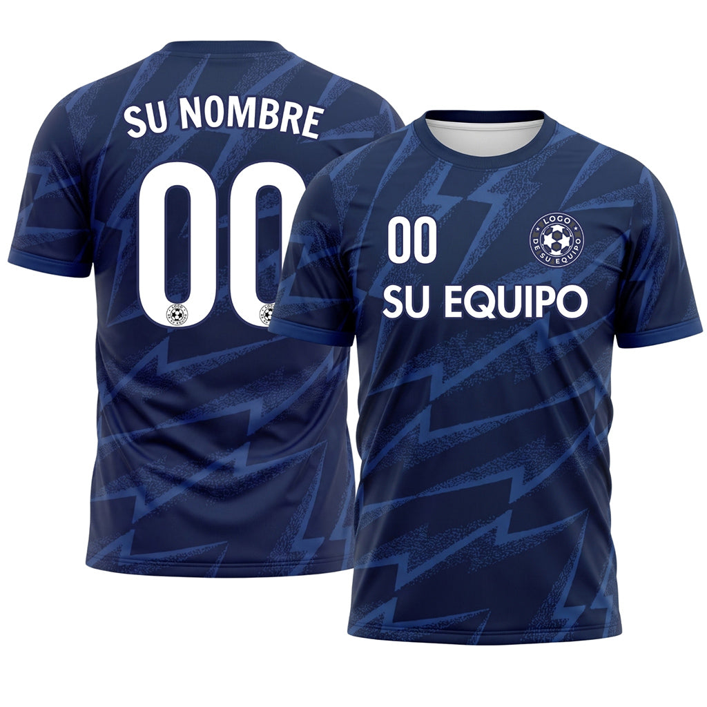 Azul Oscuro Rayo Motivo Camiseta de Fútbol Personalizada