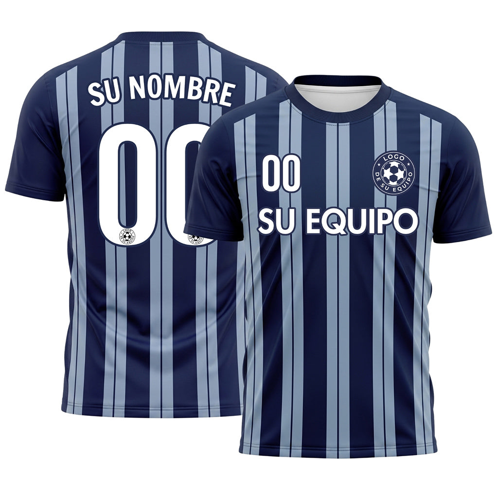 Azul Oscuro Gris Rayado Camiseta de Fútbol Personalizada