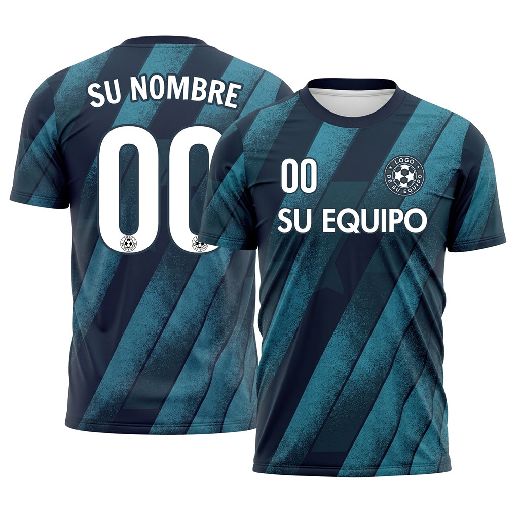 Azul Oscuro Turquesa Diagonales Rayas Camiseta de Fútbol Personalizada