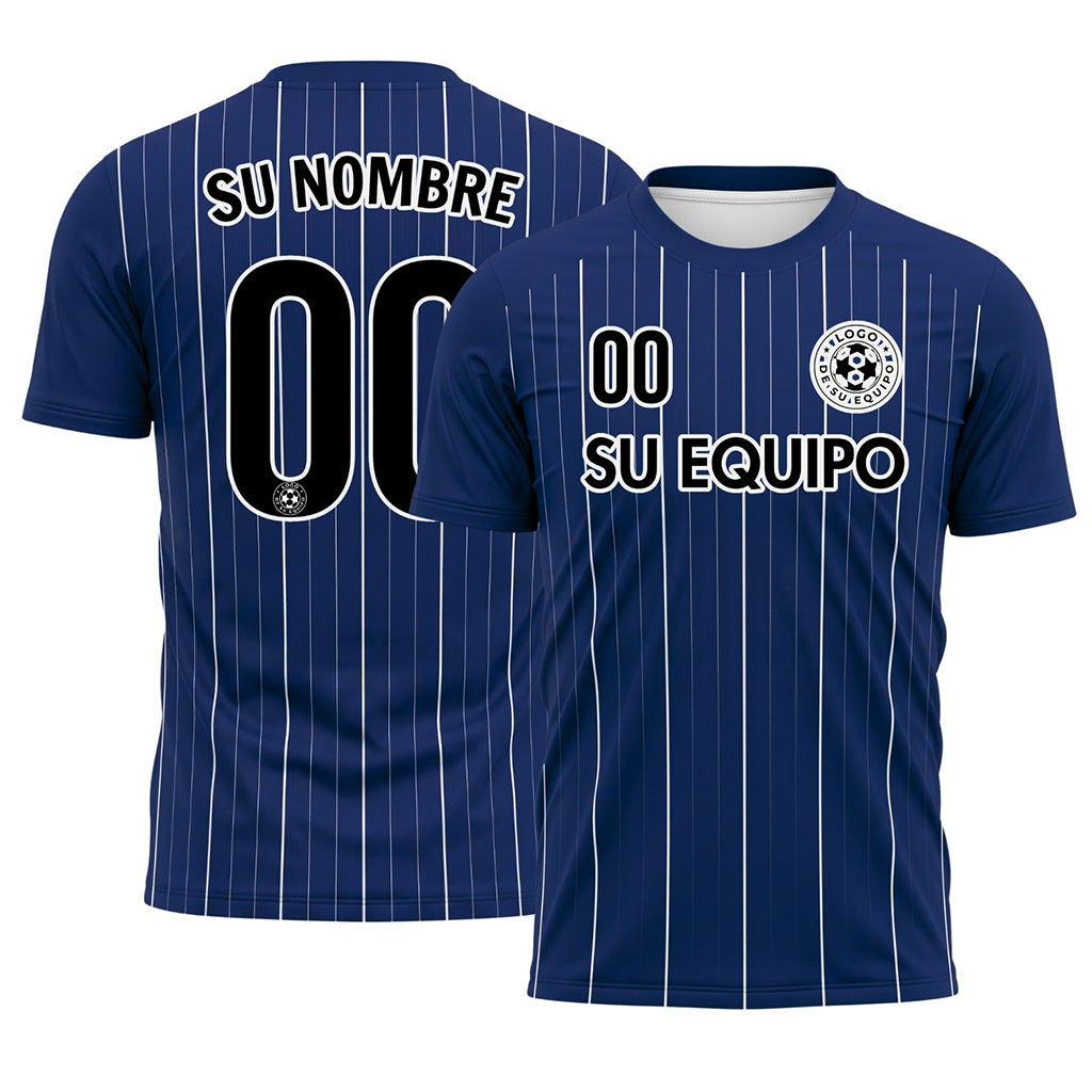 Azul Oscuro Blanco Finas Rayas Finas Camiseta de Fútbol Personalizada