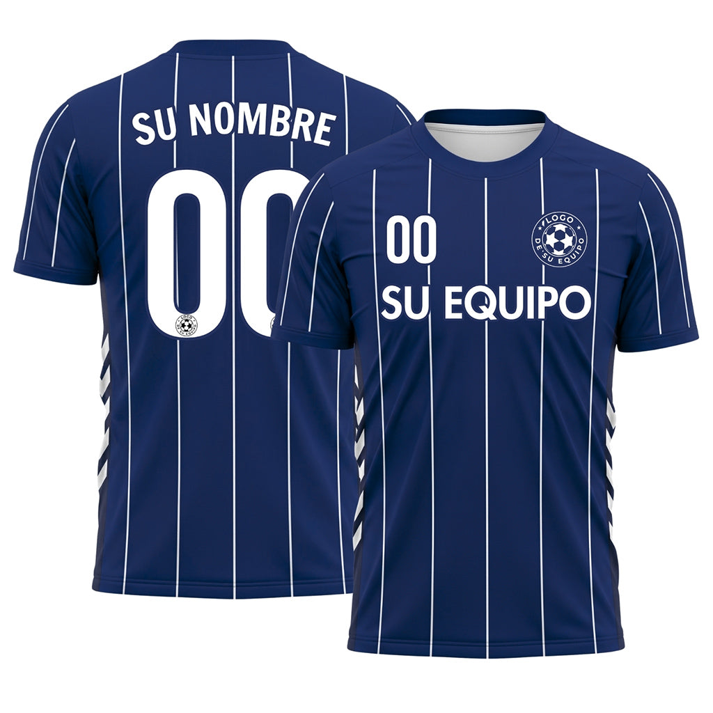 Azul Oscuro Blanco Rayas Finas Camiseta de Fútbol Personalizada