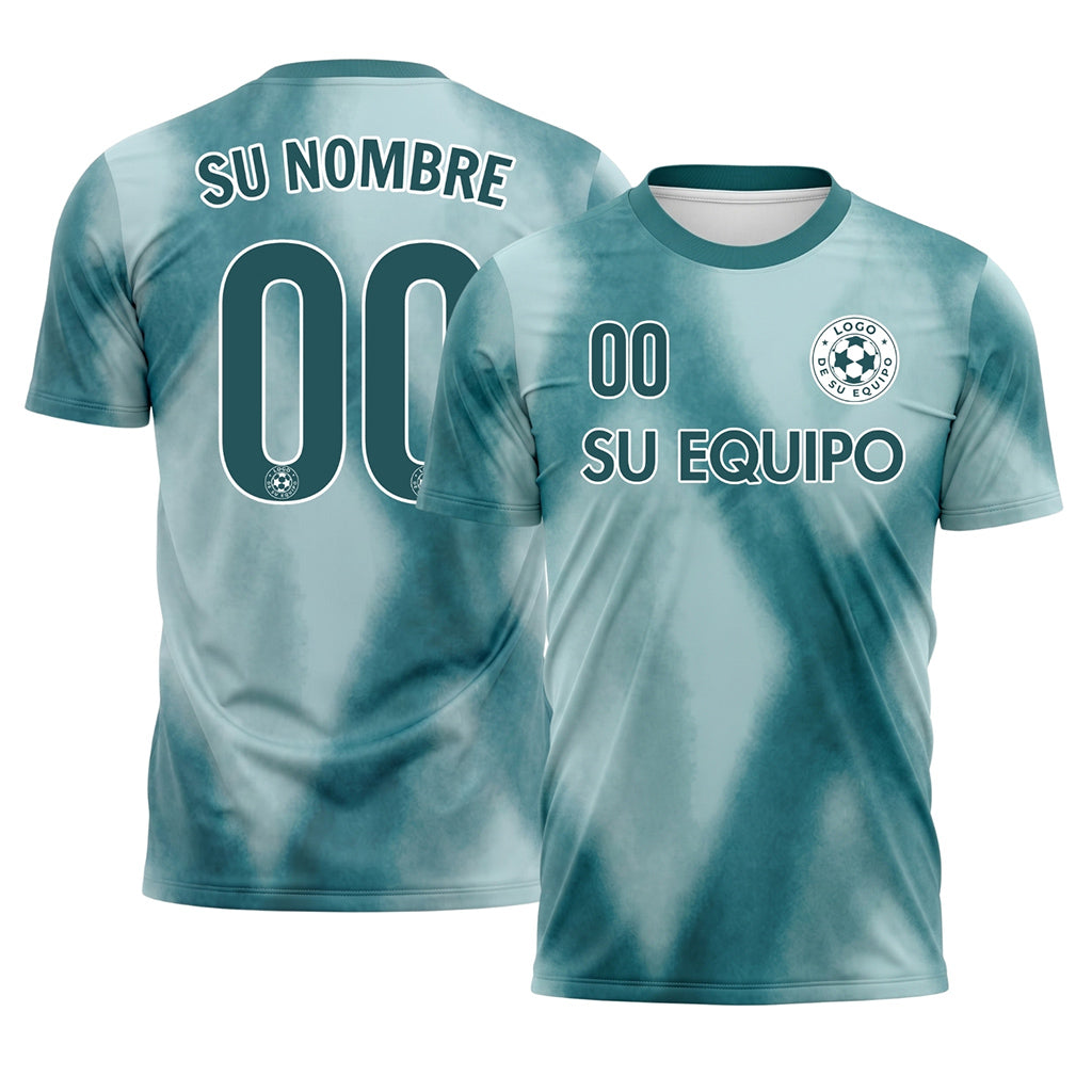 Azul Claro Verde Esmeralda Tie Dye Motivo Rombo Camiseta de Fútbol Personalizada