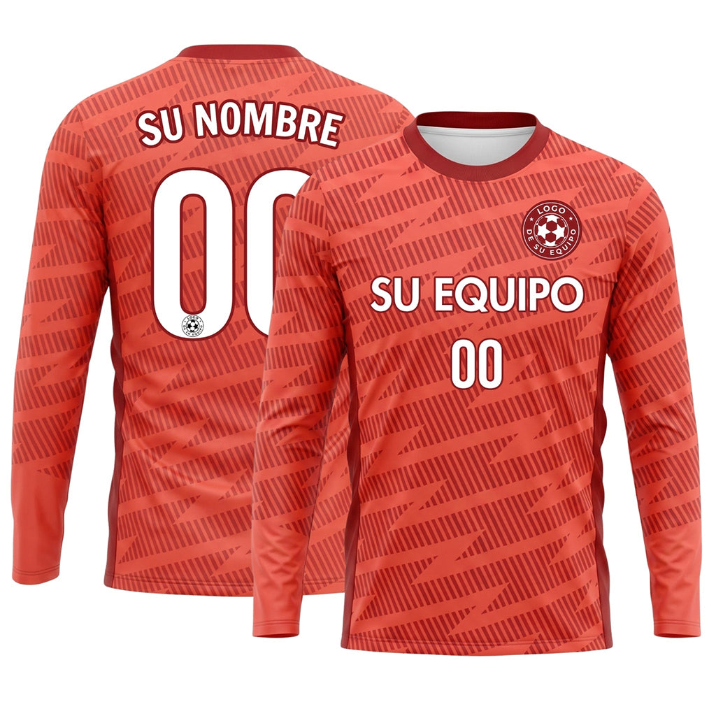 Coral Rojo Motivo de Rayas Diagonales Camiseta de Fútbol Personalizada de Manga Larga