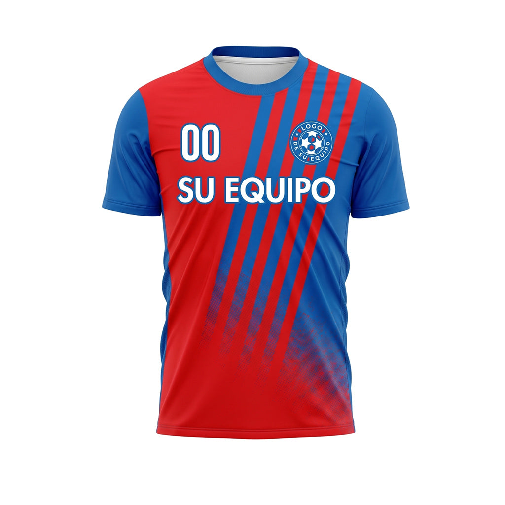 Rojo Azul Diagonales Rayas Rojo en la Espalda Camiseta de Fútbol Personalizada