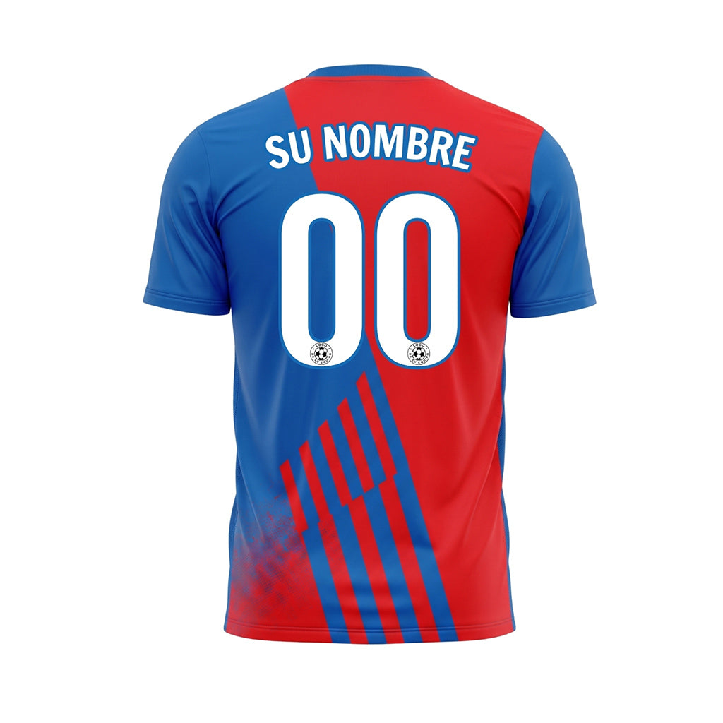 Rojo Azul Diagonales Rayas Rojo en la Espalda Camiseta de Fútbol Personalizada