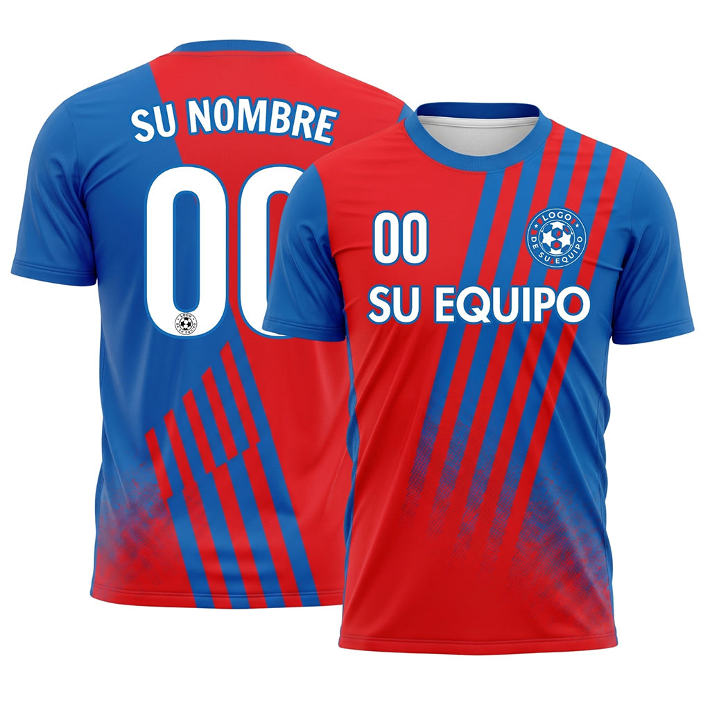 Rojo Azul Diagonales Rayas Rojo en la Espalda Camiseta de Fútbol Personalizada