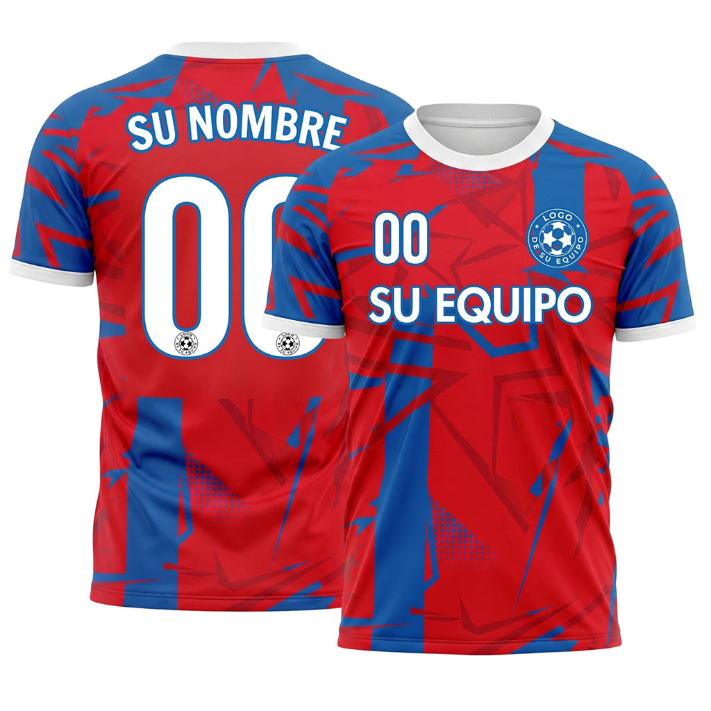 Rojo Azul Geométrico Blanco Cuello Camiseta de Fútbol Personalizada