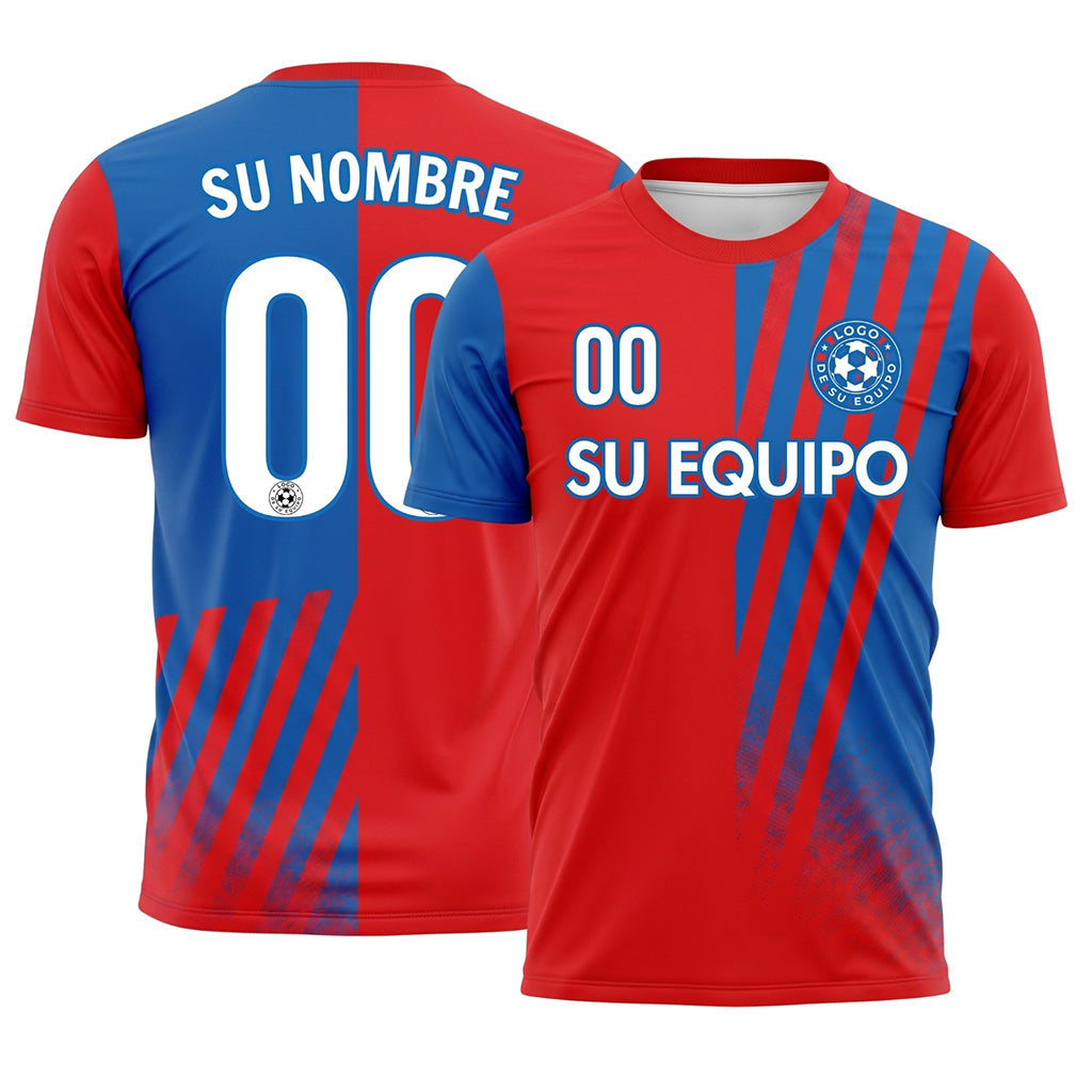 Rojo Azul Mitad Diagonales Rayas Camiseta de Fútbol Personalizada