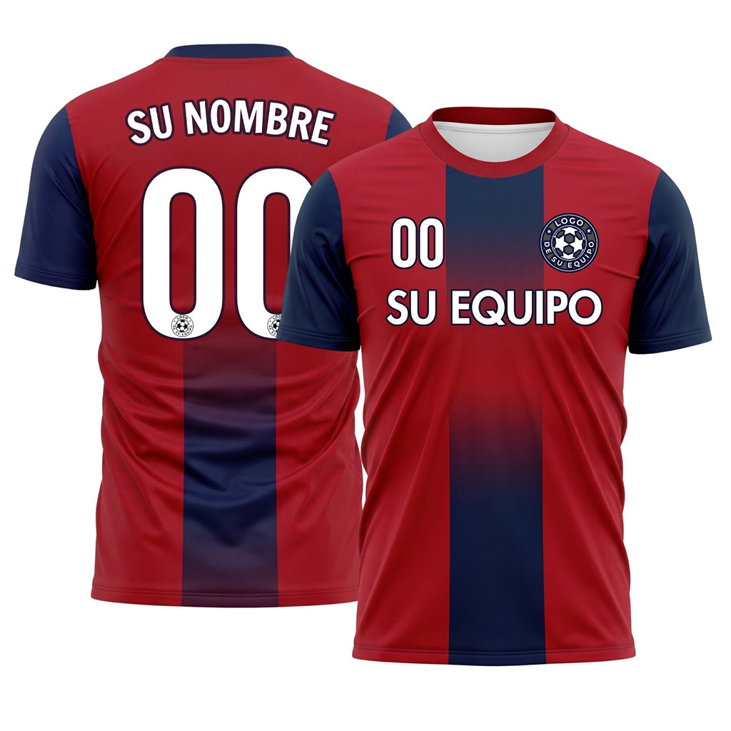 Rojo Azul Oscuro Degradado Rayas en Bloques Camiseta de Fútbol Personalizada