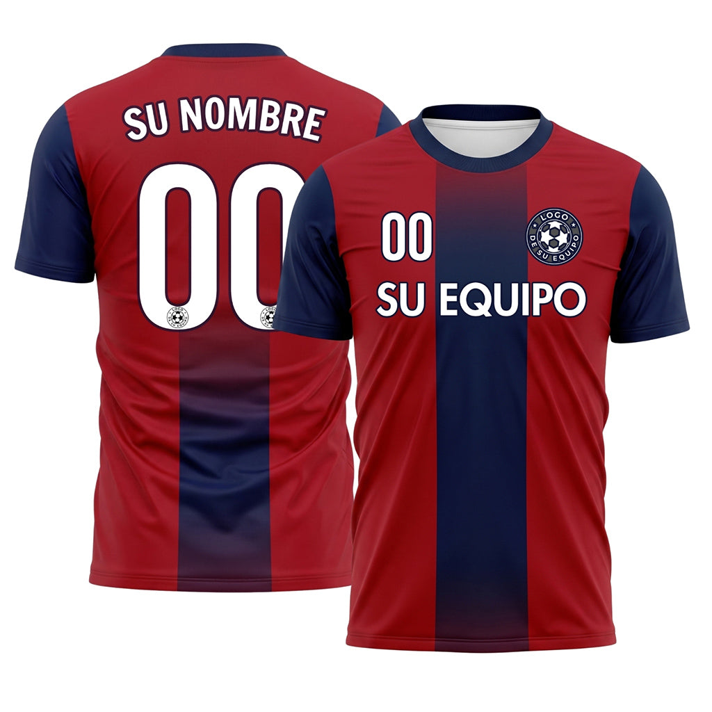 Rojo Azul Oscuro Degradado Banda Central Camiseta de Fútbol Personalizada