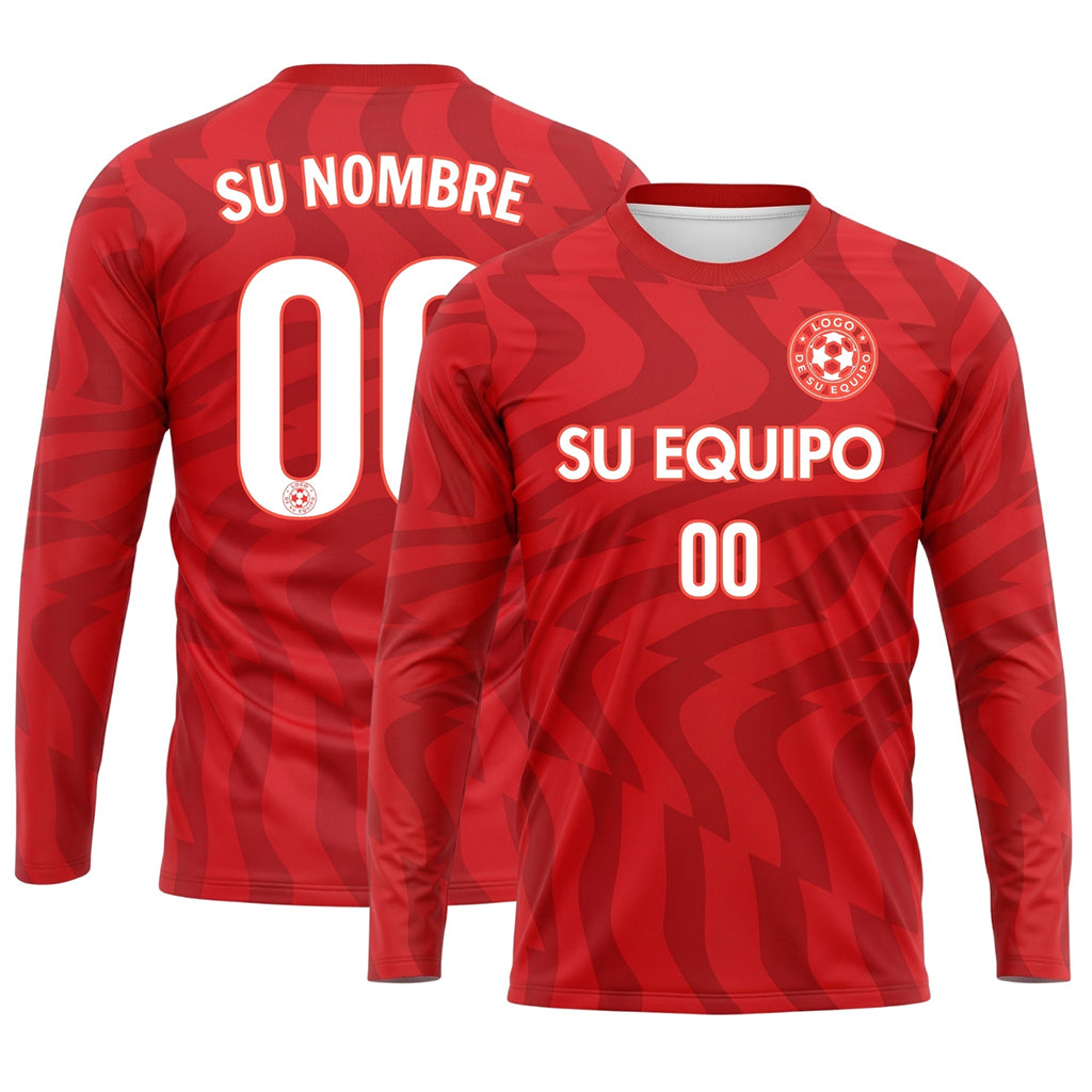 Rojo Rojo Oscuro Motivo Ondulado Camiseta de Fútbol Personalizada de Manga Larga