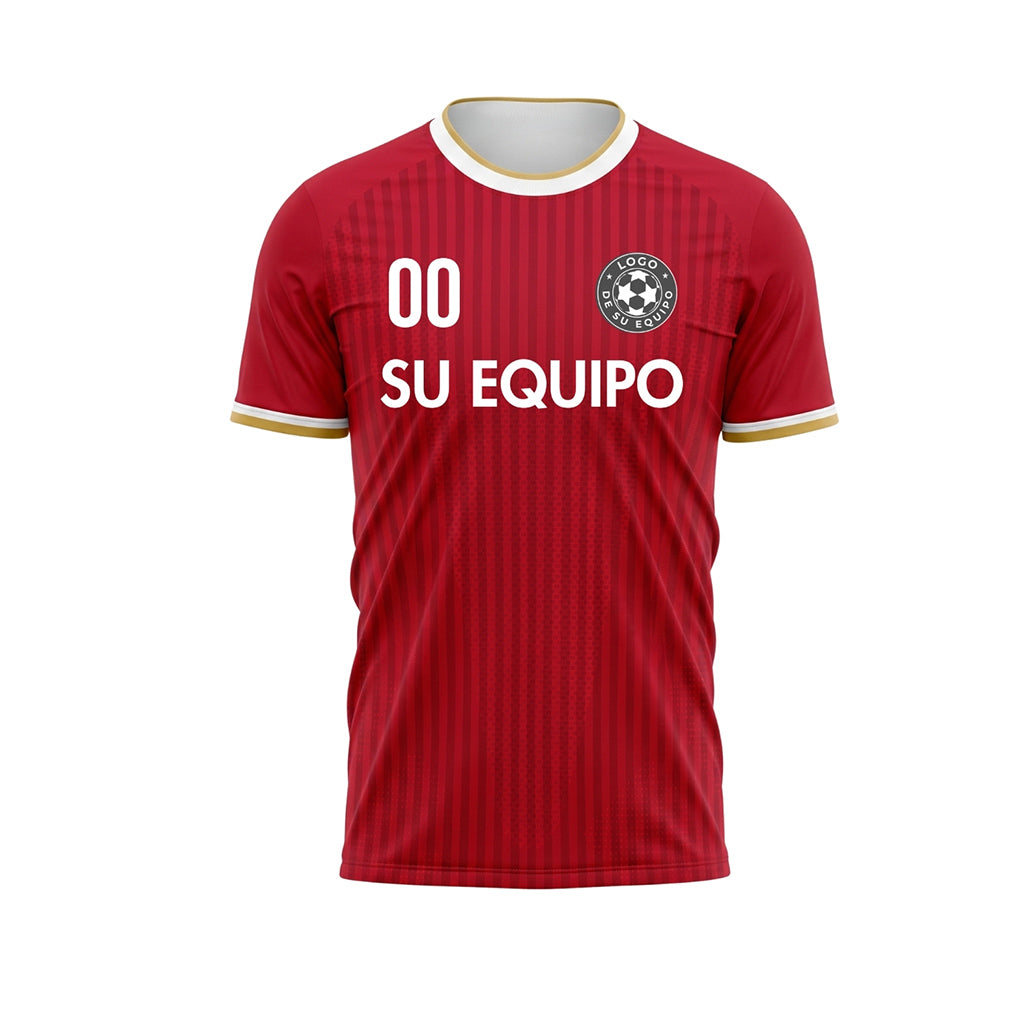 Rojo Dorado Blanco Fino Rayado Camiseta de Fútbol Personalizada
