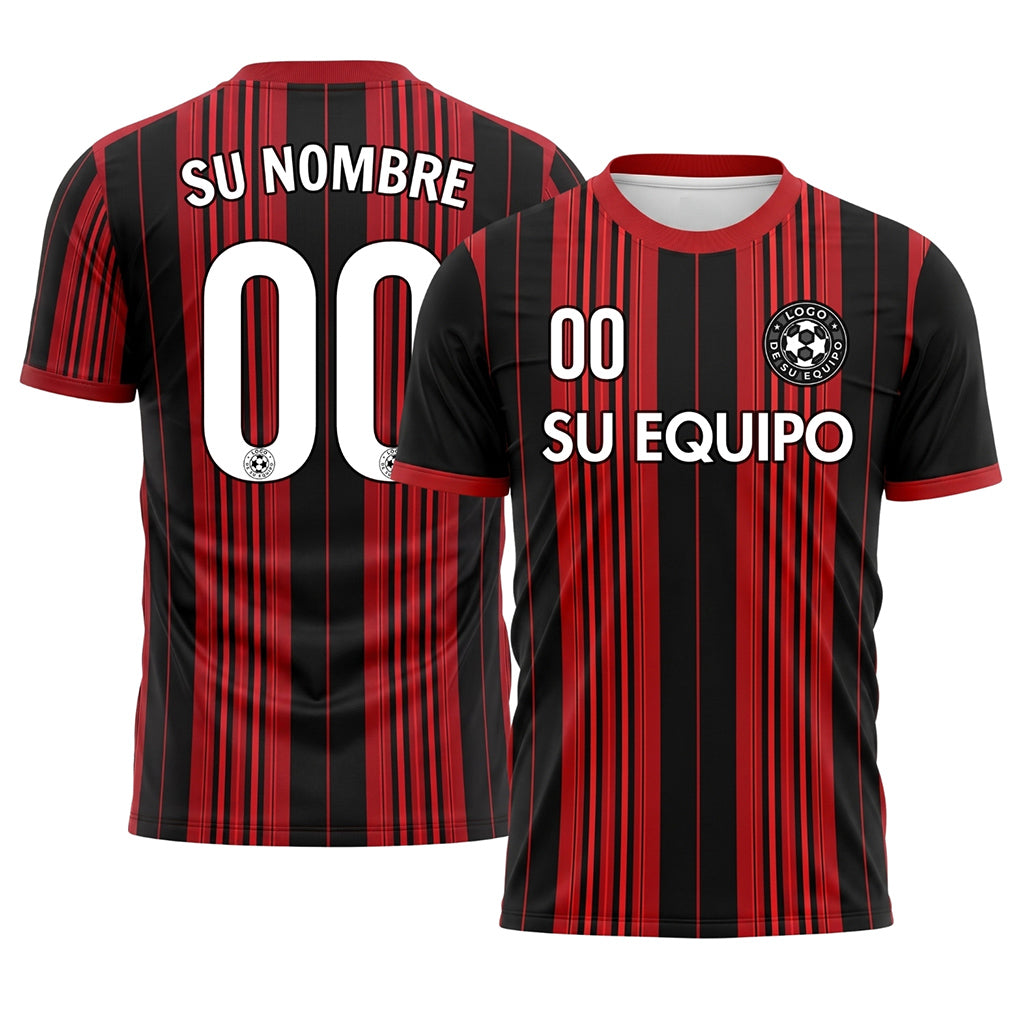 Rojo Negro Vertical Rayas Finas Camiseta de Fútbol Personalizada