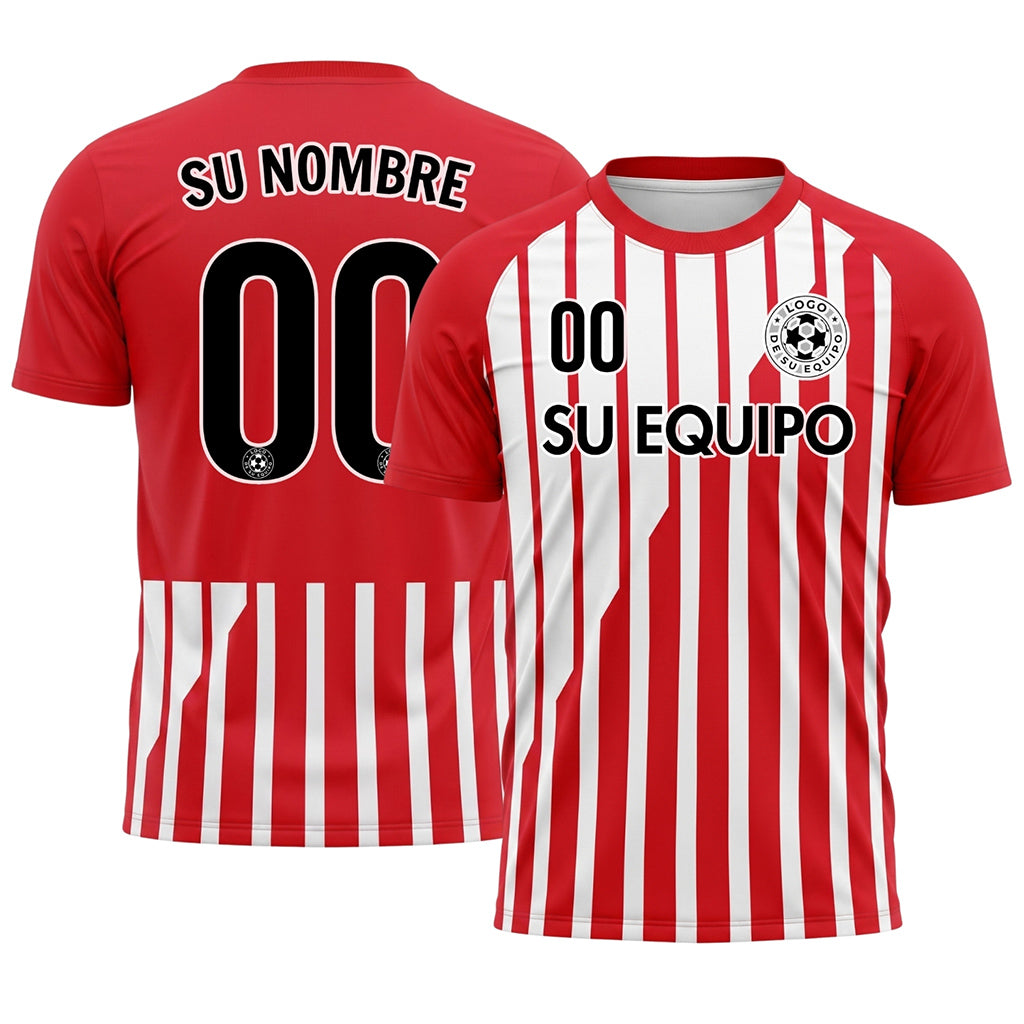 Rojo Blanco Corte Diagonal Rayas Camiseta de Fútbol Personalizada
