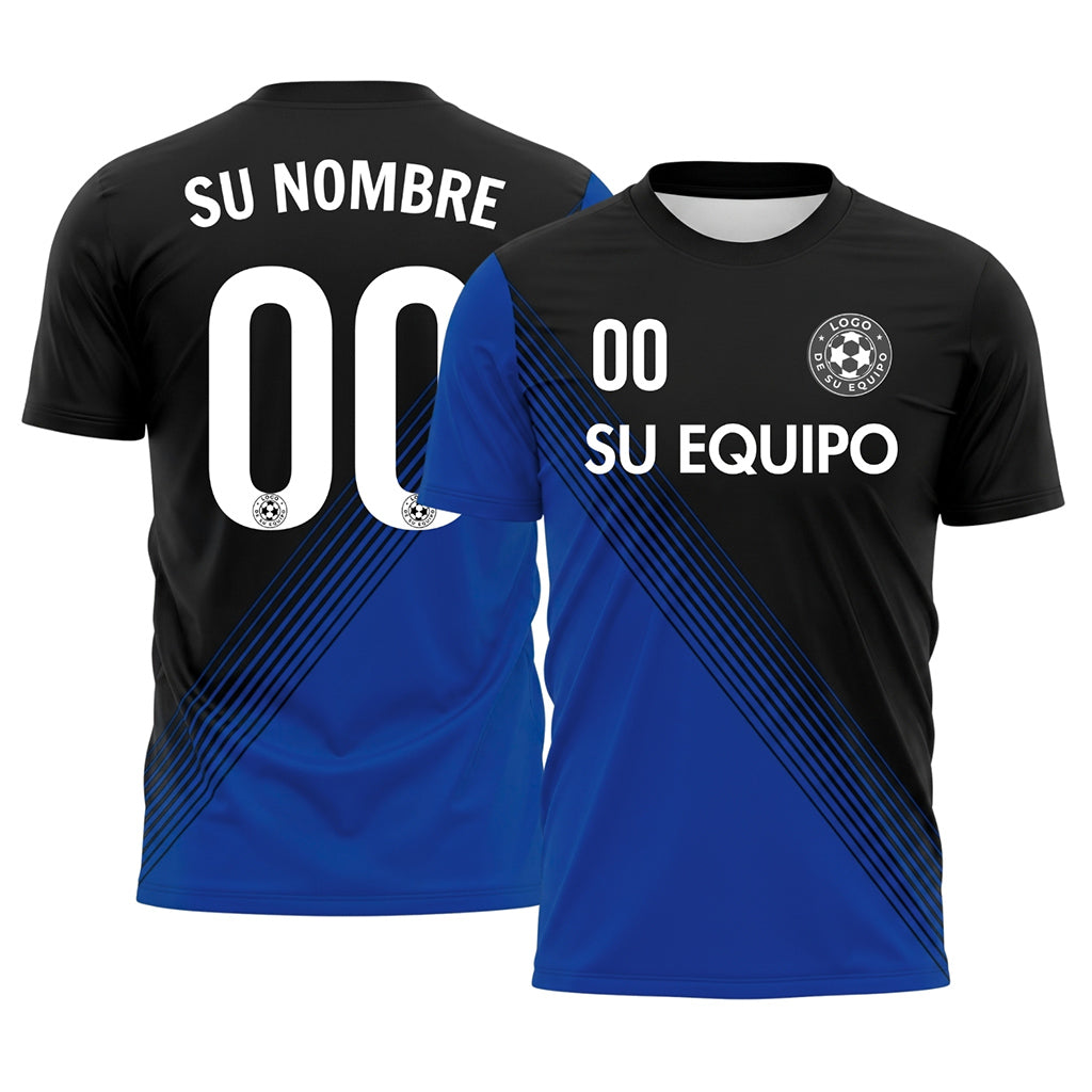 Negro Azul Diagonales Rayas Camiseta de Fútbol Personalizada