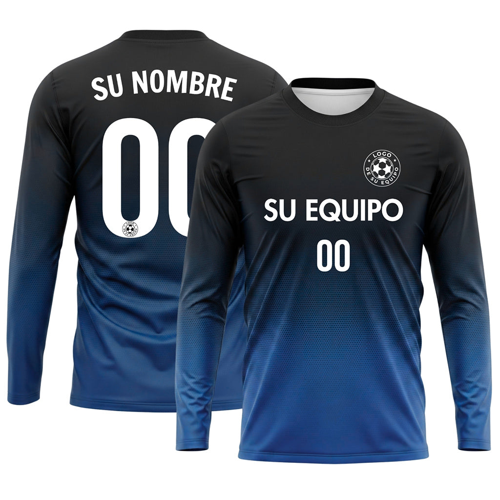 Negro Azul Degradado de Lunares Camiseta de Fútbol Personalizada de Manga Larga
