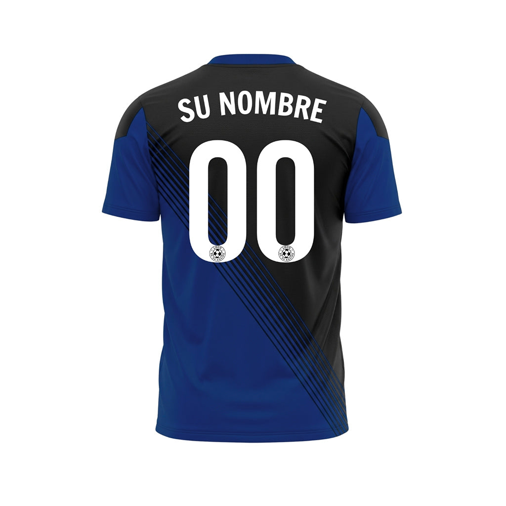 Negro Azul Acento en el Cuello Diagonales Rayas Camiseta de Fútbol Personalizada