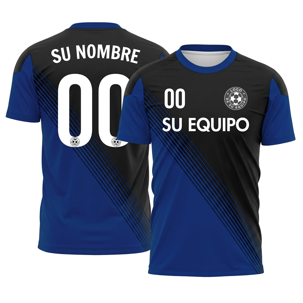 Negro Azul Acento en el Cuello Diagonales Rayas Camiseta de Fútbol Personalizada