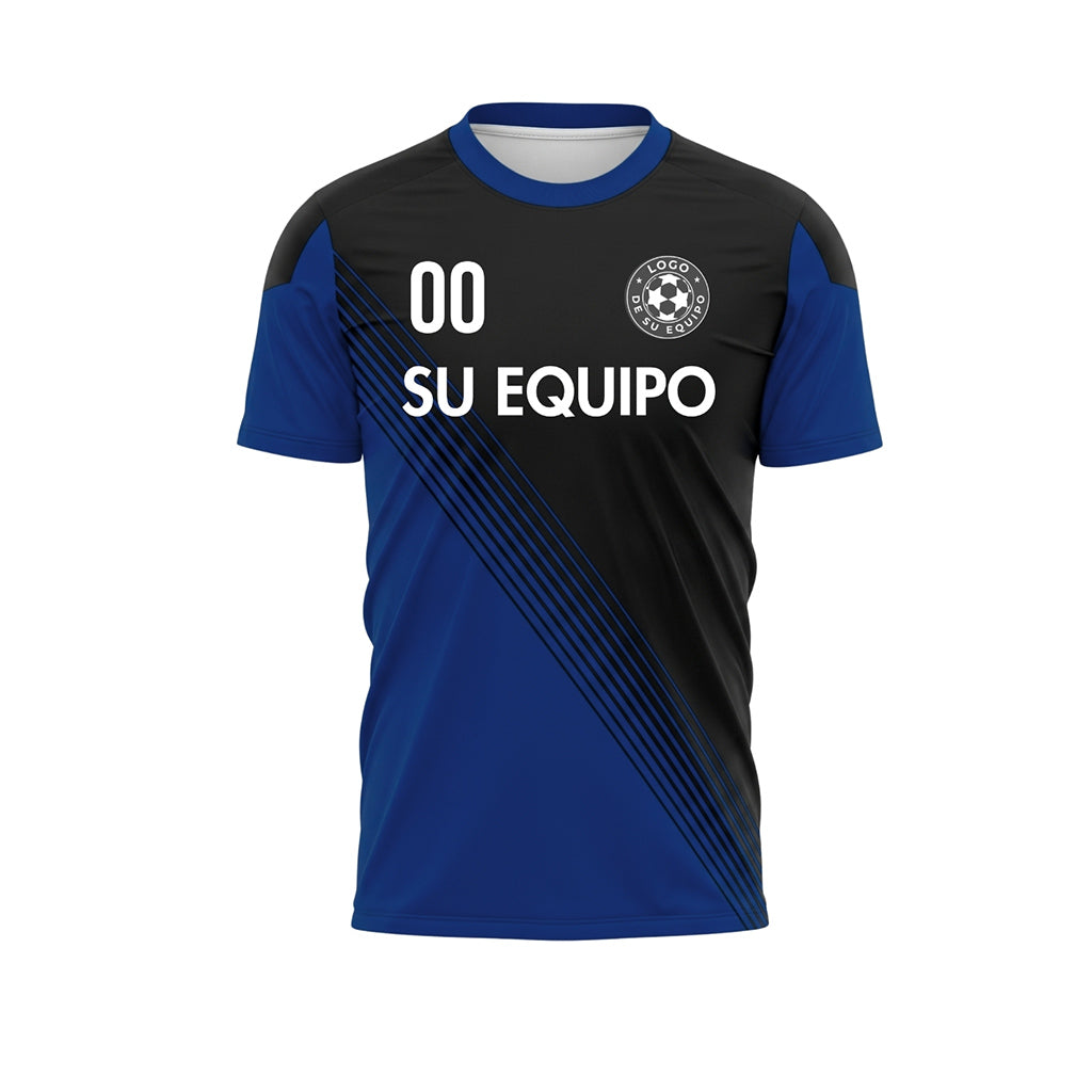 Negro Azul Acento en el Cuello Diagonales Rayas Camiseta de Fútbol Personalizada