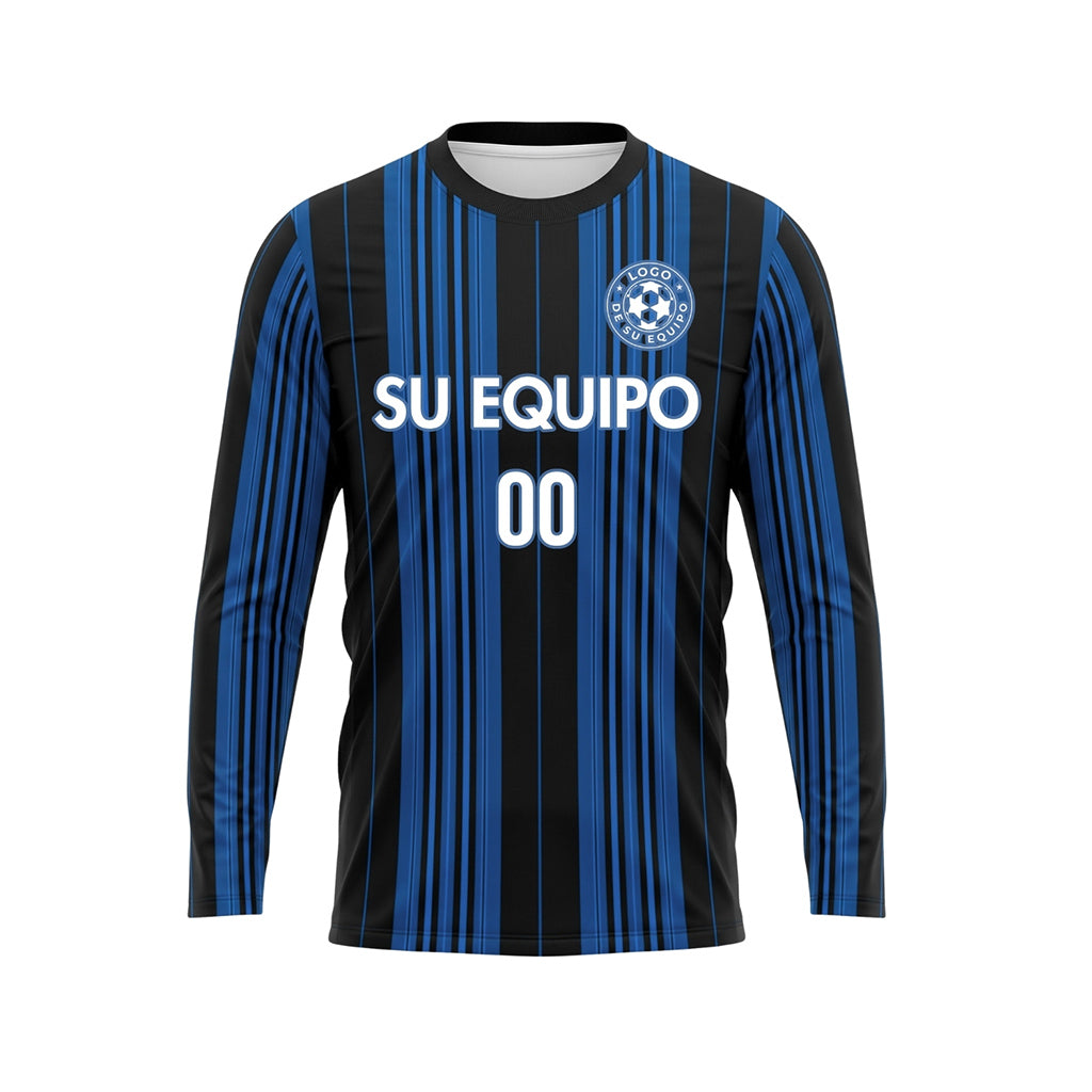 Negro Azul Rayas Verticales Camiseta de Fútbol Personalizada de Manga Larga
