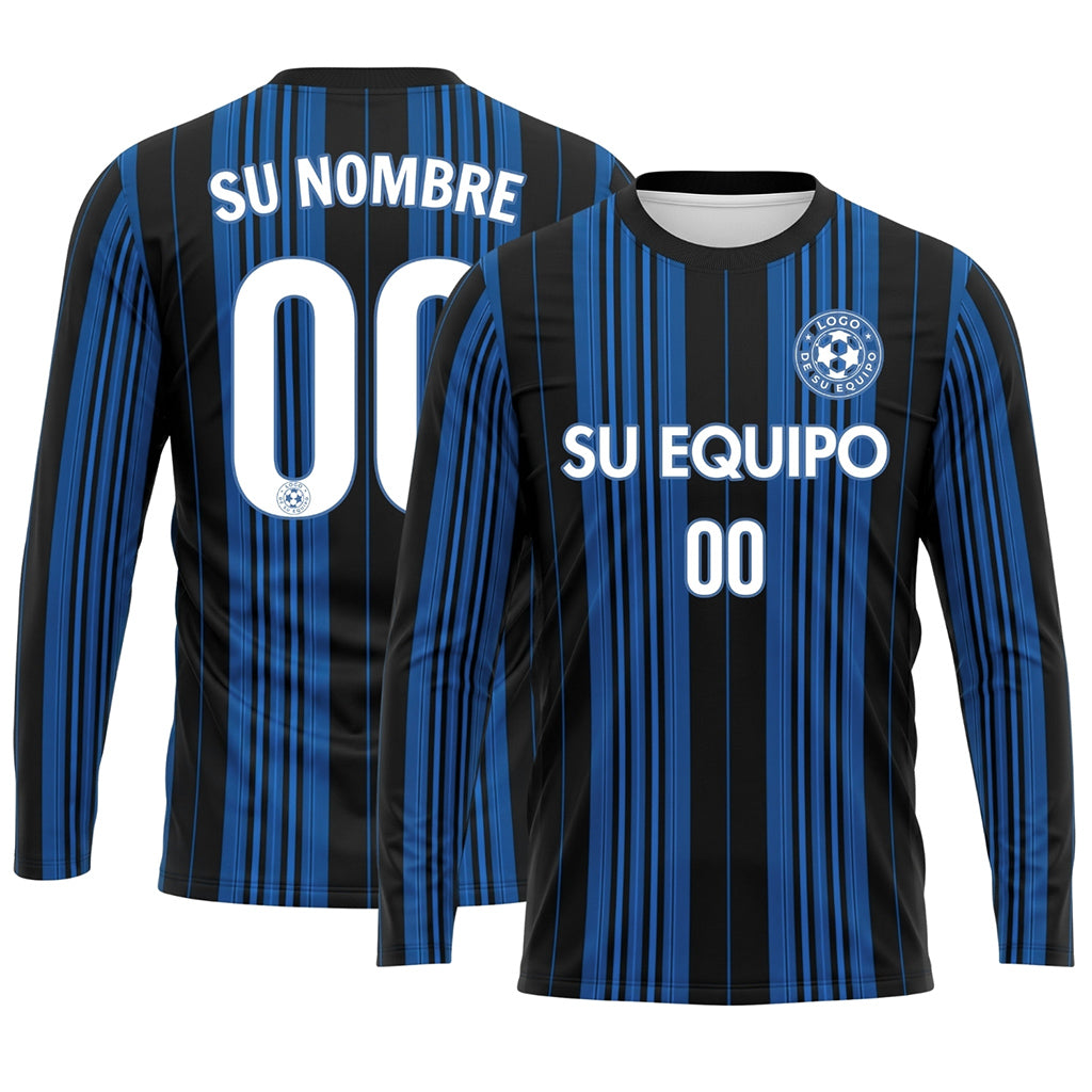 Negro Azul Rayas Verticales Camiseta de Fútbol Personalizada de Manga Larga