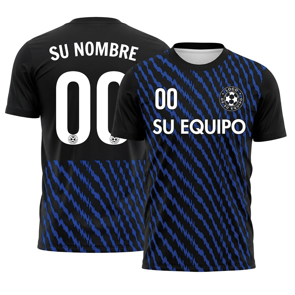 Negro Azul Zigzag Rayas Camiseta de Fútbol Personalizada