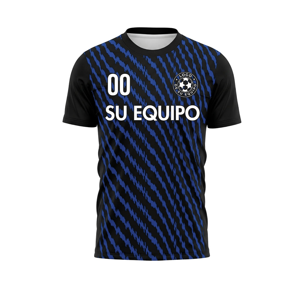 Negro Azul Zigzag Rayas Camiseta de Fútbol Personalizada