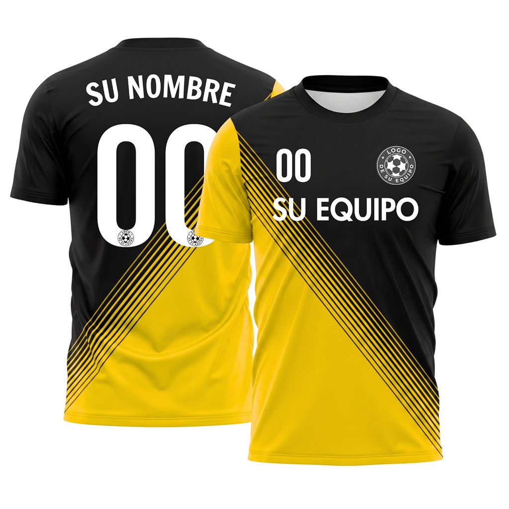 Negro Amarillo Diagonales Rayas Camiseta de Fútbol Personalizada