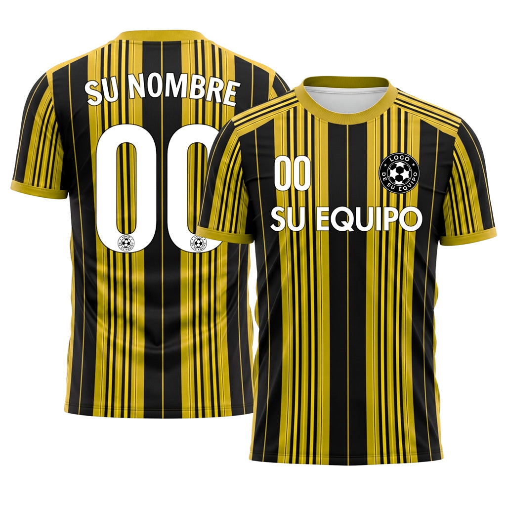 Negro Amarillo Rayado Camiseta de Fútbol Personalizada