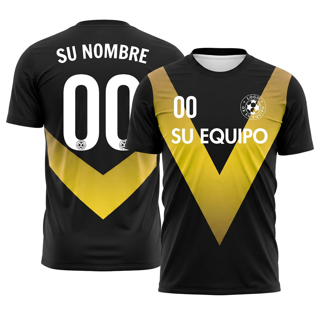 Negro Amarillo V Motivo Camiseta de Fútbol Personalizada