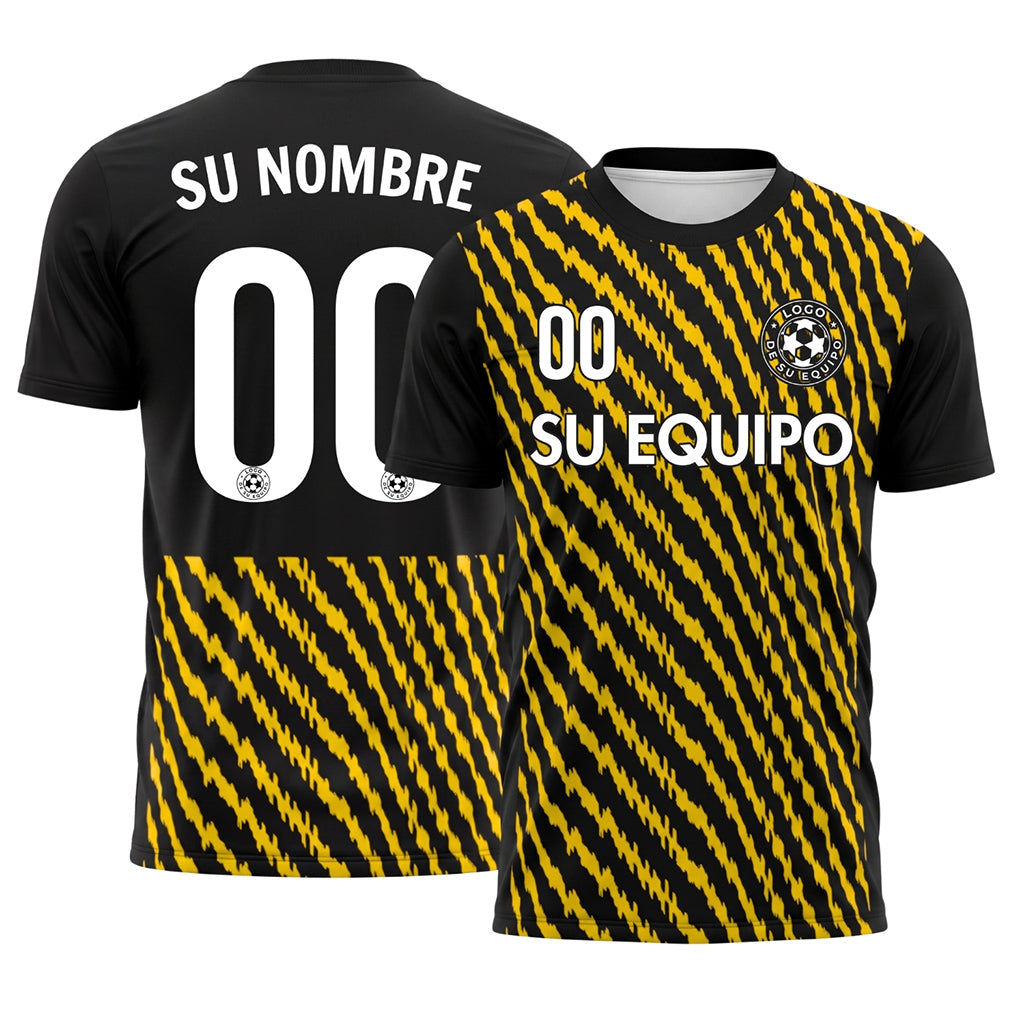Negro Amarillo Zigzag Rayas Camiseta de Fútbol Personalizada