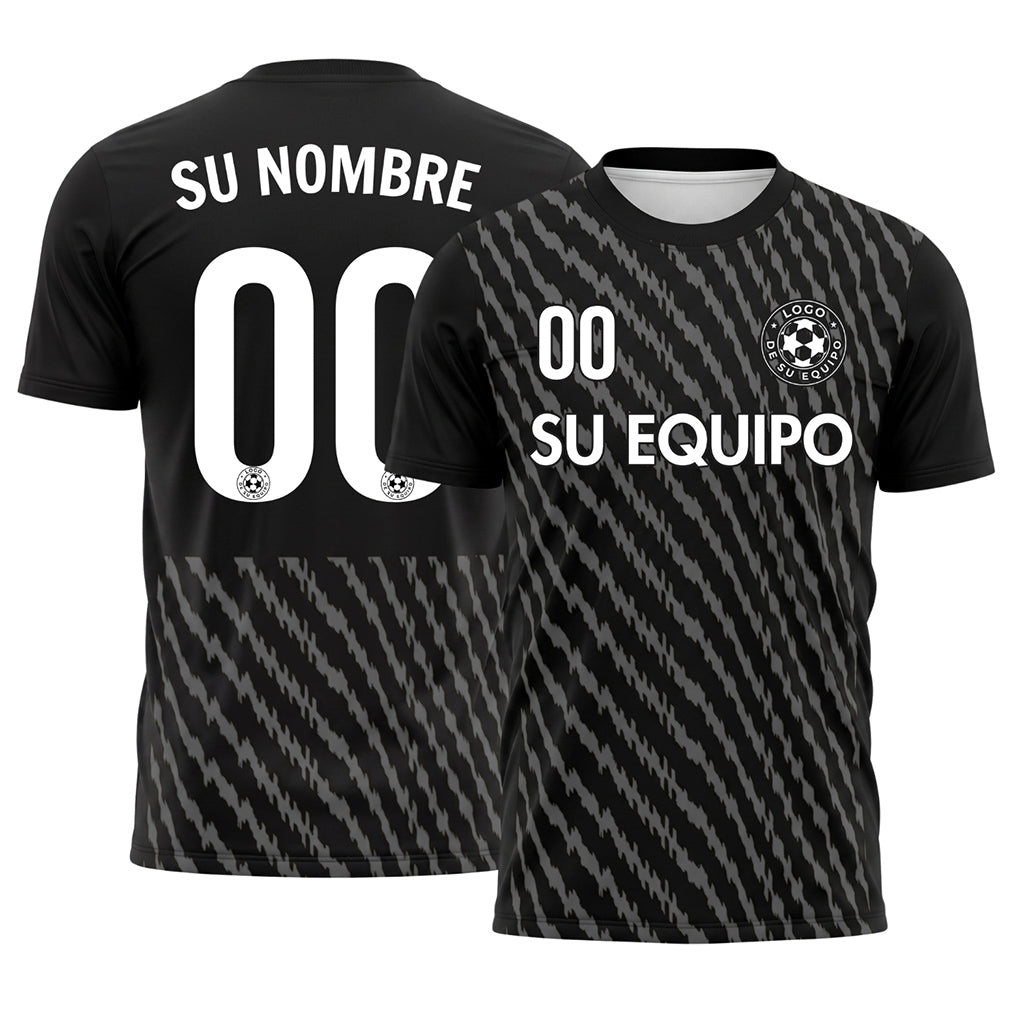 Negro Gris Zigzag Rayas Camiseta de Fútbol Personalizada