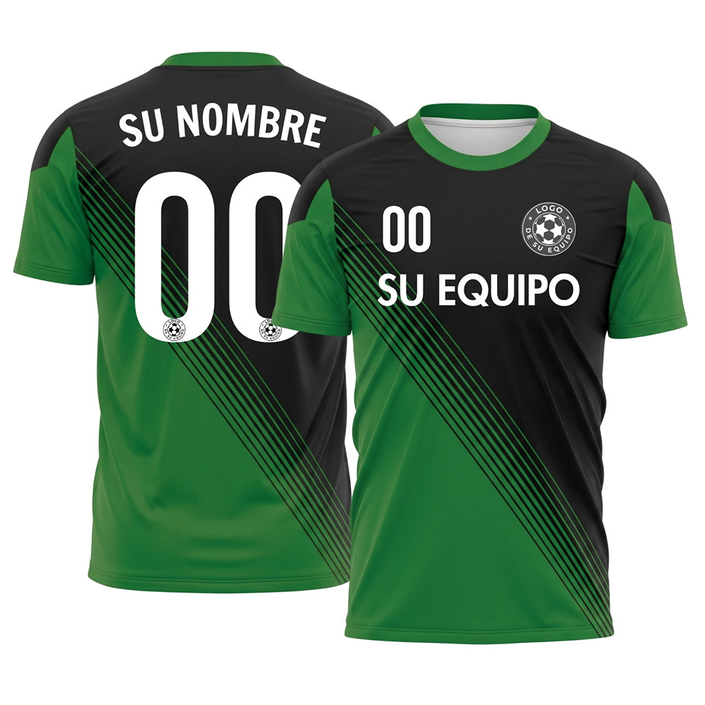 Negro Verde Acento en el Cuello Diagonales Rayas Camiseta de Fútbol Personalizada