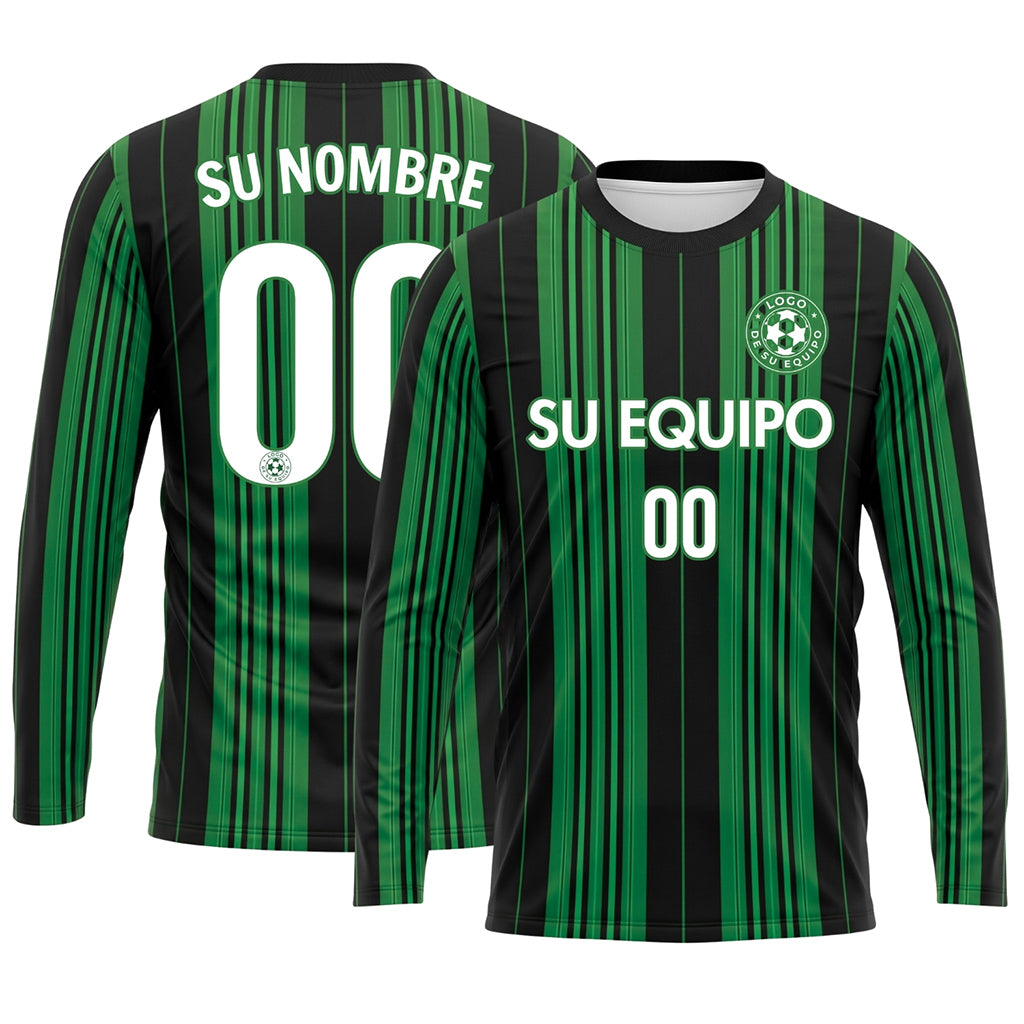 Negro Verde Rayas Verticales Camiseta de Fútbol Personalizada de Manga Larga