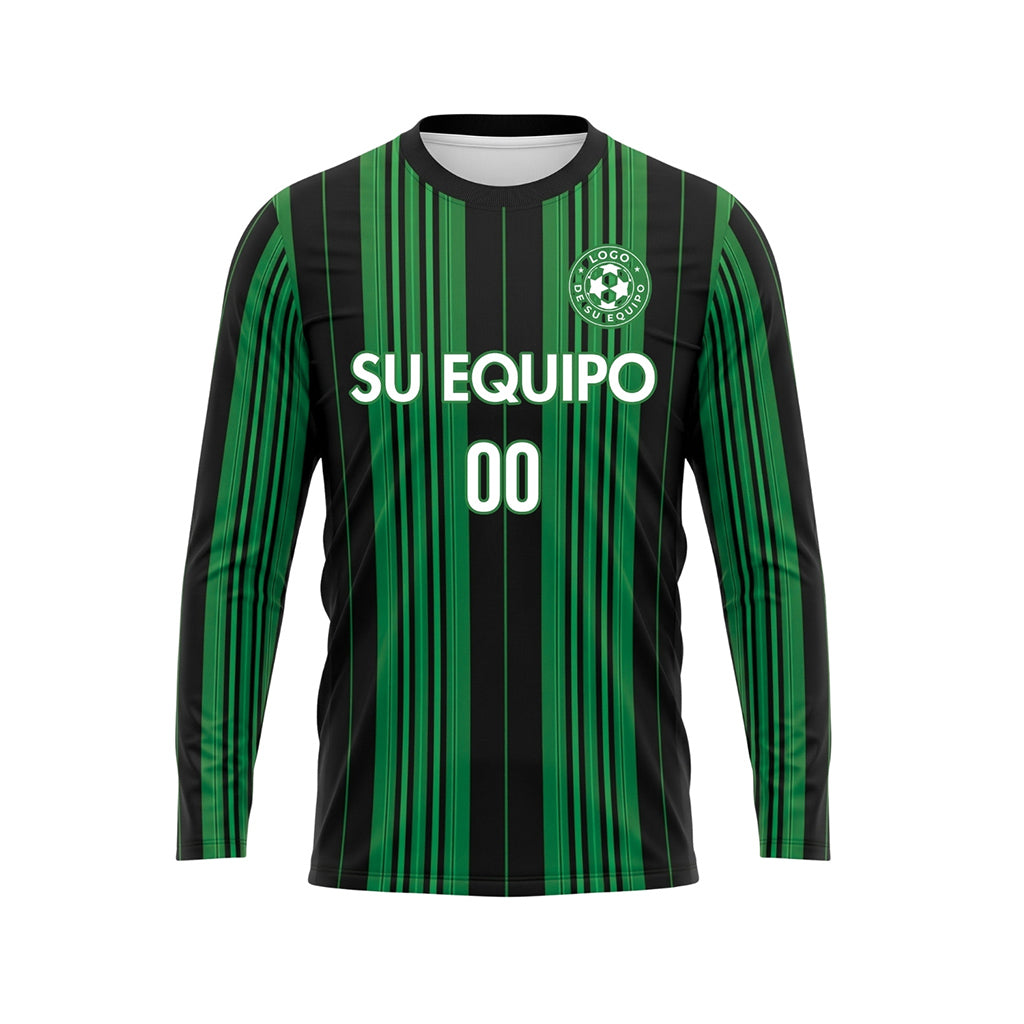 Negro Verde Rayas Verticales Camiseta de Fútbol Personalizada de Manga Larga