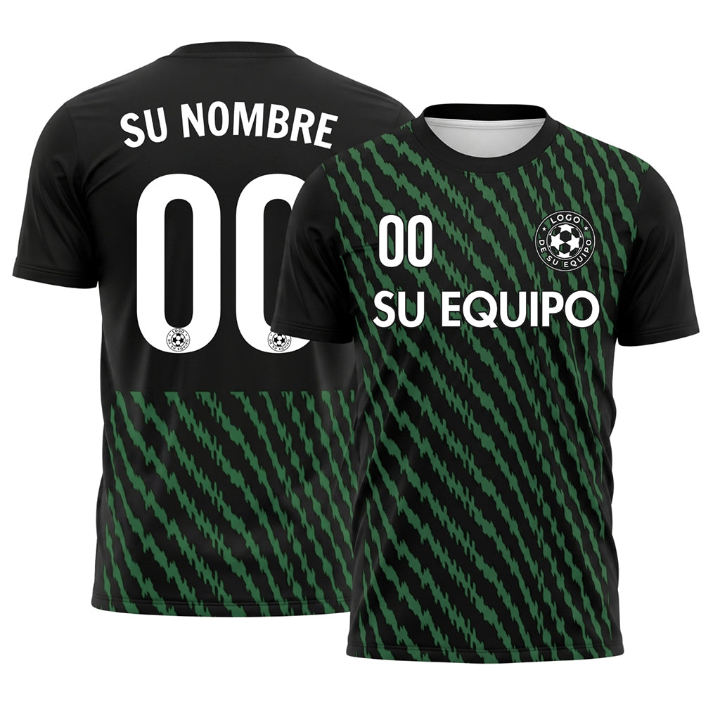 Negro Verde Zigzag Rayas Camiseta de Fútbol Personalizada